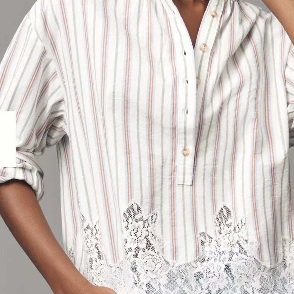 Anthropologie Pilcro Striped Cotton Blouse with Lace Hem - Picture 3 of 8